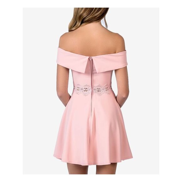 B DARLIN Womens Embroidered Off Shoulder Short Formal Fit + Flare Dress - Picture 2 of 3